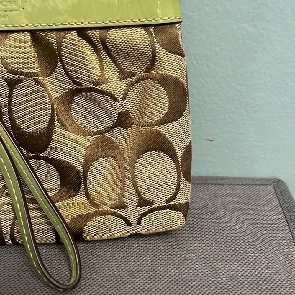 Coach signature brown, green leather trim wristlet - Picture 4 of 15